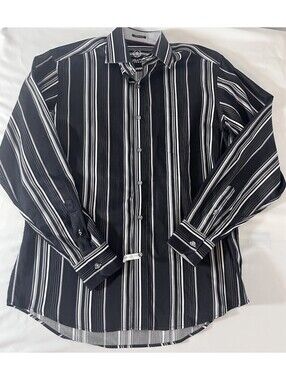 Bugatchi Shirt Men's Large Black & White Stripped Shaped Fit